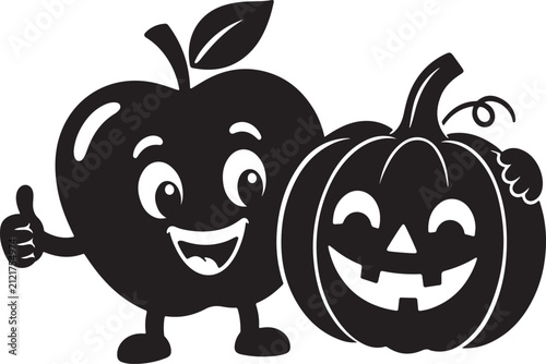 Bild auf Leinwand Happy cartoon apple and jack o lantern pumpkin characters standing together as f