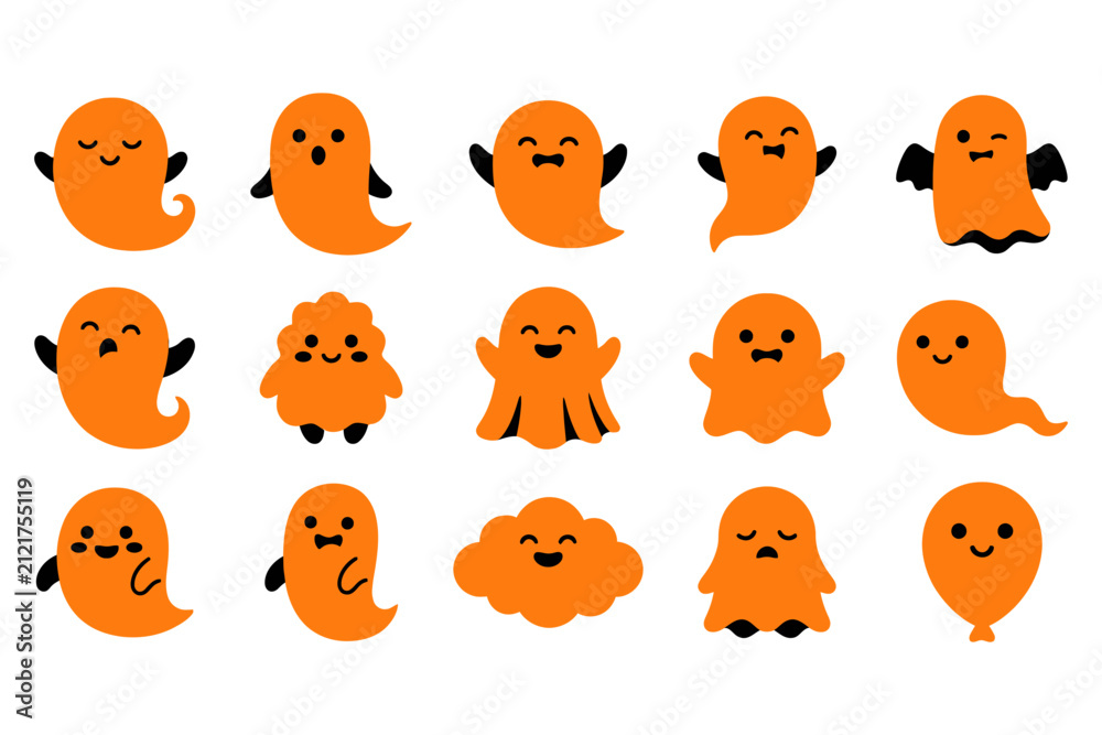 Fototapeta premium Set of cute orange cartoon ghosts with various funny facial expressions for halloween holiday design elements