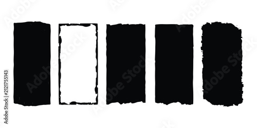Set of five black rectangular shapes with rough painted edges and distressed texture