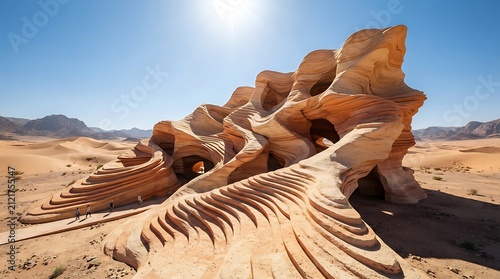Eroded sandstone rock formation in desert. Natural geological structure with rippled layers.