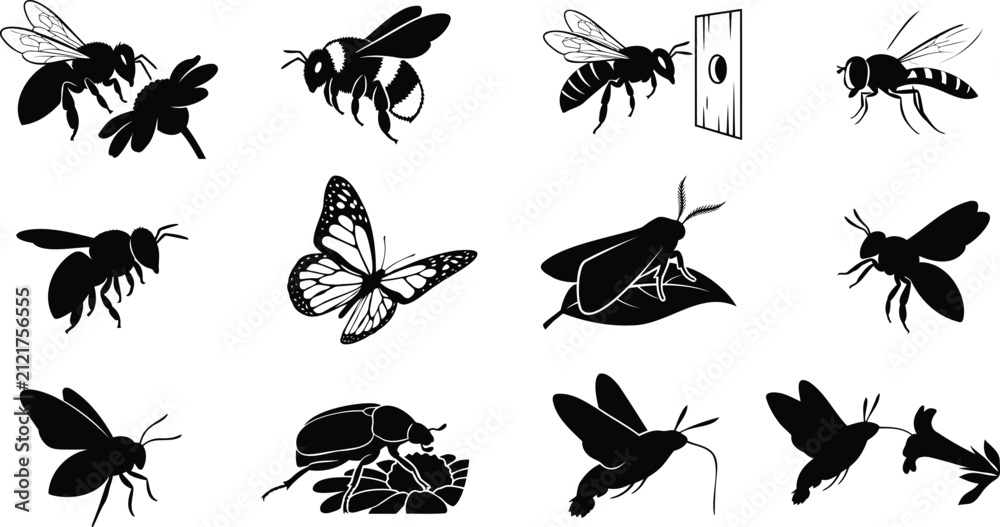 Fototapeta premium Set of black silhouettes of bees butterflies and beetles
