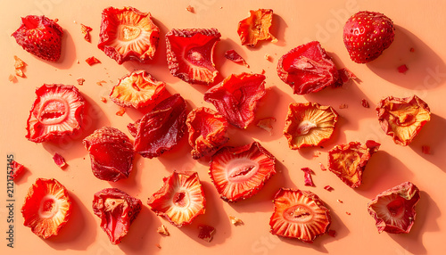Vibrant Assortment of Dried Strawberry Slices Scattered on a Warm Orange Background.