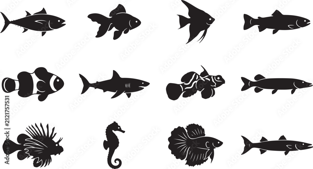 Obraz premium Set of black fish silhouettes including shark clownfish and seahorse icons