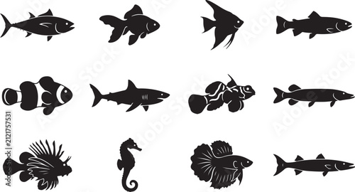 Set of black fish silhouettes including shark clownfish and seahorse icons