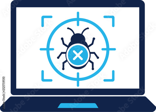 Laptop Computer Cyber Security Concept Icon featuring Bug Target Scan with Cross Removal Badge for Virus Detection