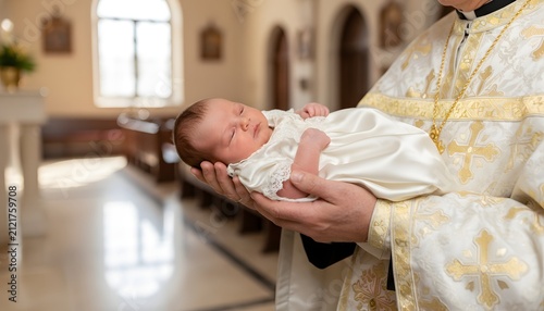 Priest holding infant gently in white christening gown during sacred baptism ceremony inside church for traditional Christian faith and religious blessing concept