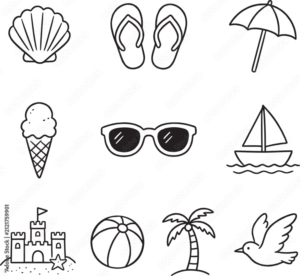 Fototapeta premium Summer and Beach Line Icon Set – Hand-Drawn Sketch Style
