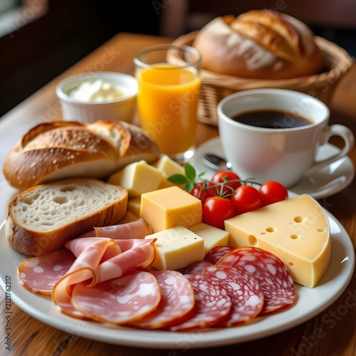 traditional German breakfast centered around fresh bread, cold cuts, and cheese