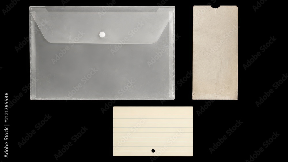 Obraz premium Plastic document envelope with paper tag and ruled index card