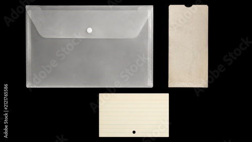 Plastic document envelope with paper tag and ruled index card