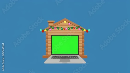 Christmas decorated house with green screen garage door opens and closes seamlessly