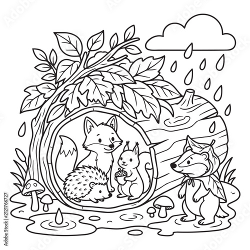 Forest animals sheltering from rain in a hollow log, with badger outside.