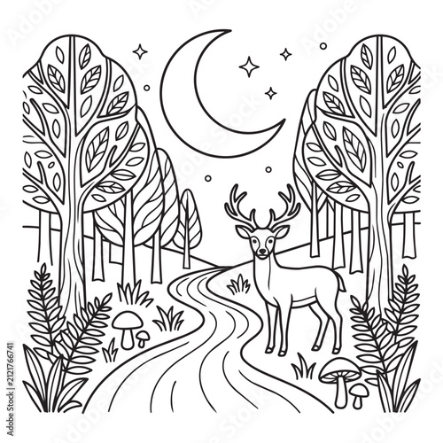 Night forest landscape with deer and crescent moon for coloring book.