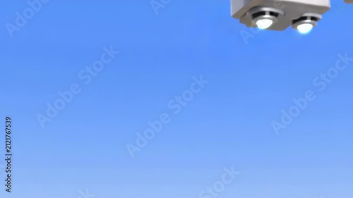 Cute robot character flying through blue sky with jet propulsion and happy expression cinematic motion