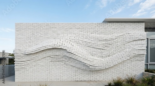 Modern white textured wall with wave pattern. Abstract architectural facade design.