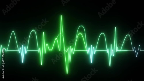 Electrocardiogram waveform pulsing with green and blue light against black background