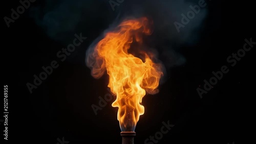 Fiery gas flare with dark smoke against black background cinematic motion