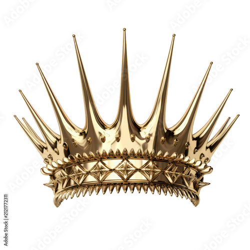 Shiny golden crown with prominent spikes and reflective surface, isolated on a transparent background