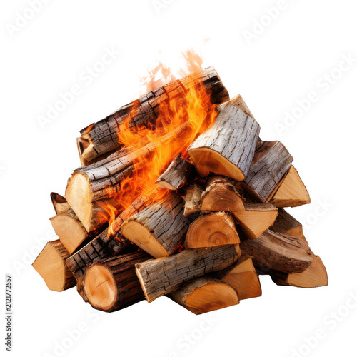 Pyramid stack of burning firewood logs with intense orange flames isolated for graphic design and compositing