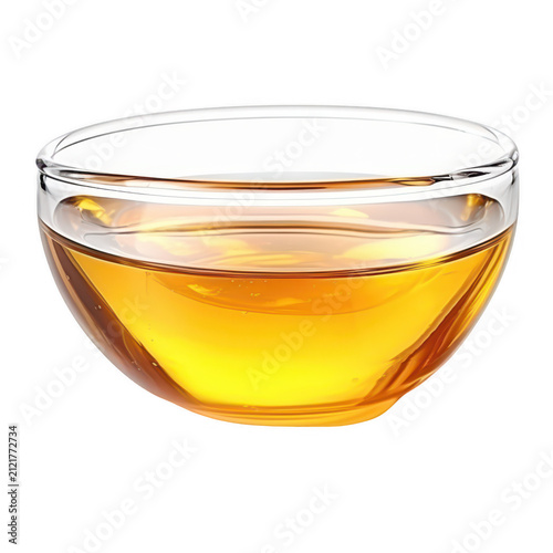 Glass bowl filled with golden organic honey isolated on transparent background