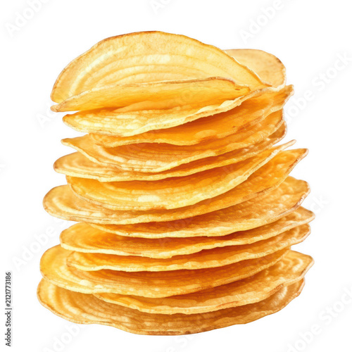 Tall stack of thin golden pancakes or crepes isolated on transparent grid background