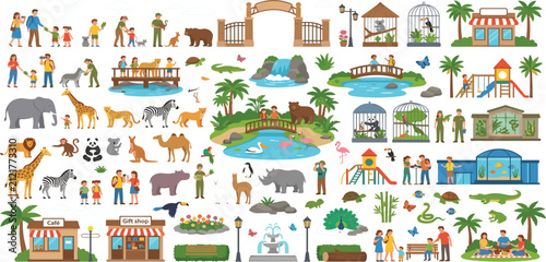 Sticker Cute cartoon zoo icon set with wild animals visitors workers and buildings vecto