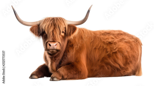 Highland cattle cow resting on isolated transparent background