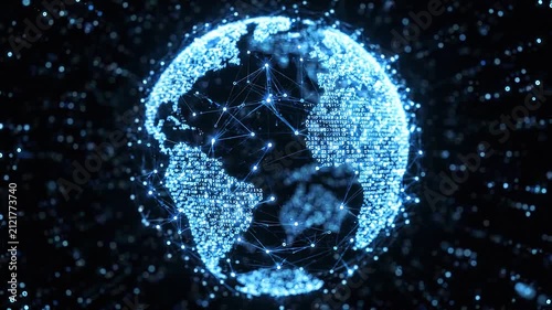Seamless loop of a digital earth globe formed by rapidly connecting glowing blue and white data nodes: a perfect visual for high-tech broadcasting, global network connectivity, and cyber concepts.