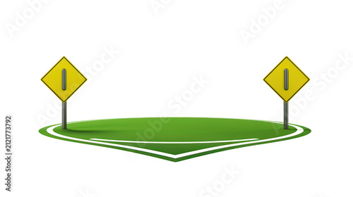 Circular green grass podium flanked by yellow diamond caution road signs on poles