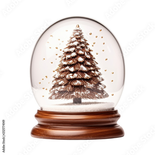 Beautiful decorative christmas snow globe with realistic miniature spruce tree isolated on transparent background