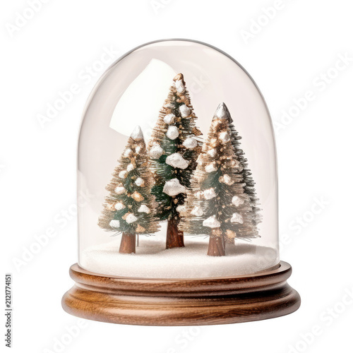 Christmas snow globe with miniature pine trees on wooden base isolated on transparent background