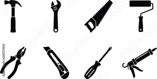 Set of black hand tools and construction equipment icons for hardware and DIY renovation projects