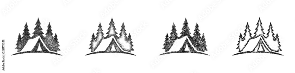 Obraz premium Monochrome sketch camping logo design set