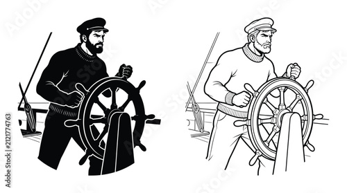 Foto Captain steering ship s wheel black and white vector illustration