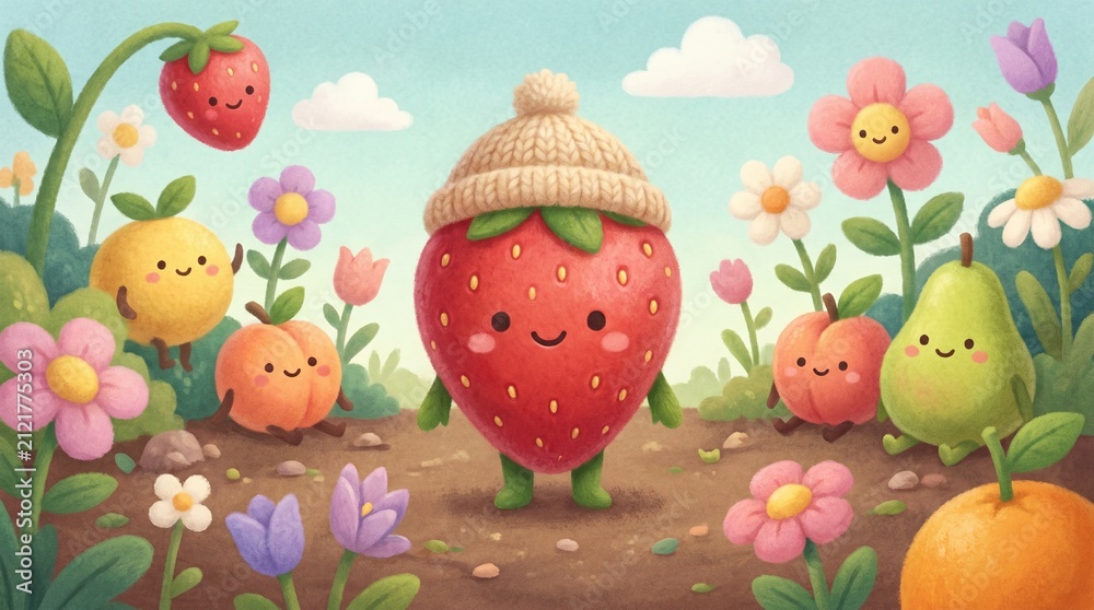 Fototapeta premium Whimsical anthropomorphic fruit characters in a cheerful garden setting