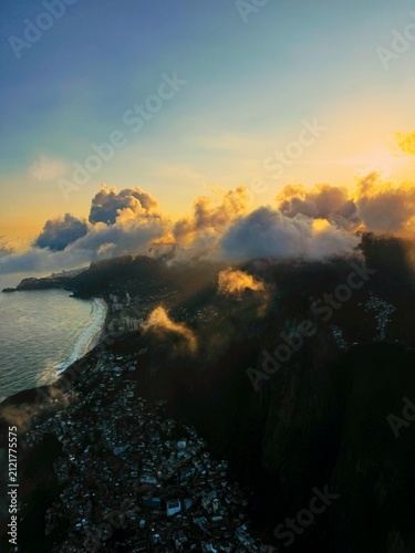 Aerial view of Rio de Janeiro city skyline in Brazil at sunset, dusk 