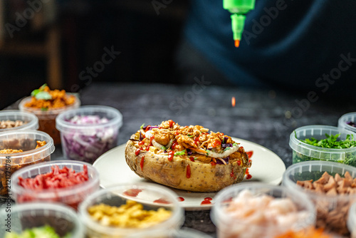 Baked potatoes with cheese, herbs, meat and butter. Copy space background. BBQ or steakhouse side dish favorite with tomato beans, cheddar cheese, bacon.