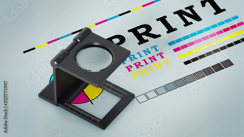 Foto Printing loupe standing on colour test paper. 3D illustration