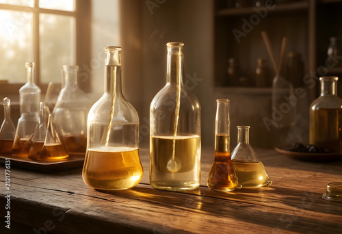 Glass bottles and beakers w...
