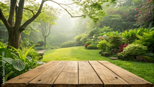 A serene garden scene with lush greenery, vibrant flowers, and a wooden table in the foreground. Soft sunlight filters through the trees, creating a peaceful atmosphere.