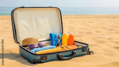 A blue suitcase on a sandy beach contains sunglasses, towels, and sunscreen bottles. The ocean is visible in the background under a clear sky.