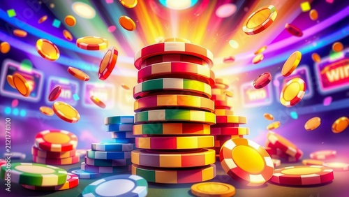 Colored chips fly into the air in a bright casino illustration. Excitement and dynamics. An atmosphere of entertainment, risk and a big win.