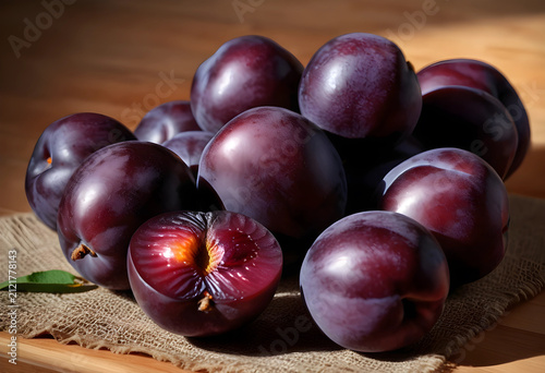 Fresh ripe purple plums wit...