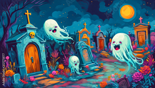 A colorful, cartoon-style graveyard scene at night. Three playful ghosts float among tombstones and flowers under a bright moon.