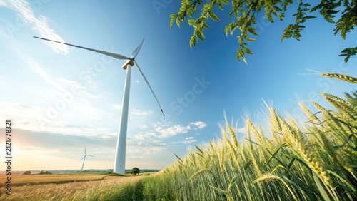 A wind turbine stands in a green field under a clear blue sky. Wheat sways gently in the foreground, symbolizing renewable energy and sustainable agriculture.