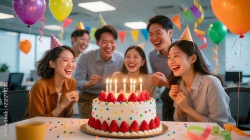 A group of diverse young adults celebrate a birthday in an office. They smile around a large cake with candles, colorful balloons, and festive decorations.