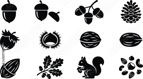 Set of black silhouette depicting various nuts, acorns, a pine cone, a squirrel, and an oak branch, isolated on a white background, for autumn, harvest, and woodland nature projects