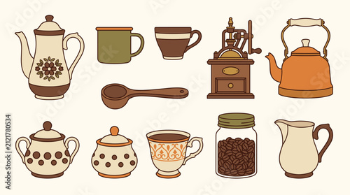 A charming collection of vintage-style coffee and tea accessories, including pots, cups, a grinder, kettle, and sugar bowls, rendered as retro illustrations.