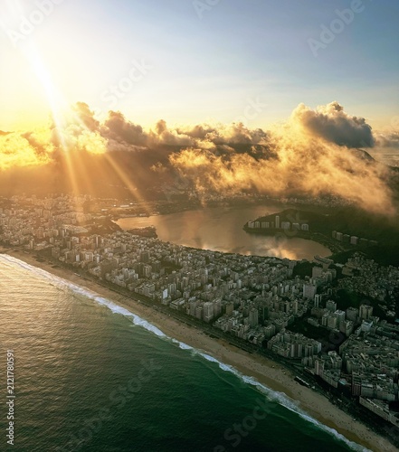 Aerial view of Rio de Janeiro city skyline in Brazil, at sunset, dusk