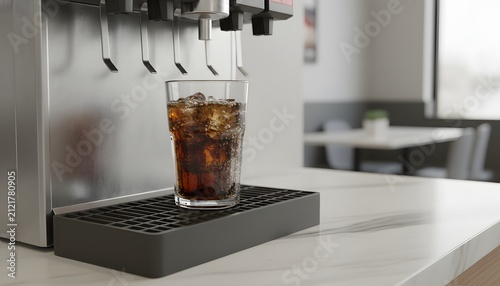 Fresh dark soda beverage in a clear glass cup with ice cubes sitting on a modern stainless steel soda fountain dispenser for refreshment and beverage concept